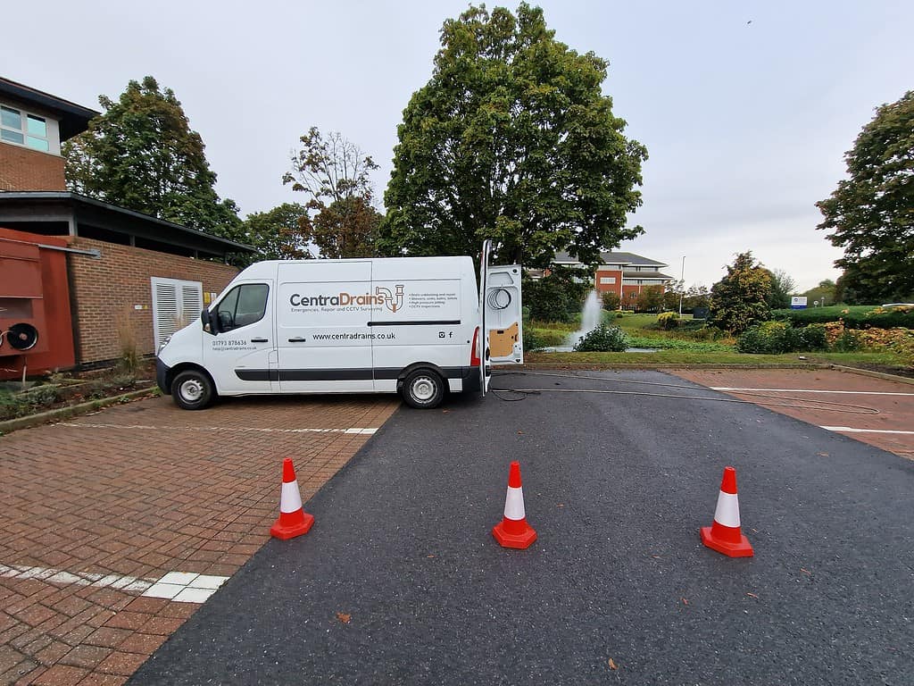 Drain cleaning and maintenance van performing underground drain inspection, Central Drains Ltd.