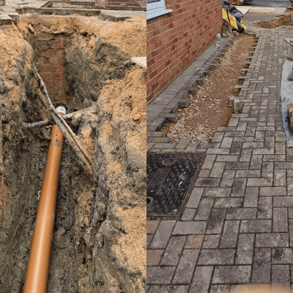 Clay drain installation in progress, expert drainage services by Centra Drains Ltd.