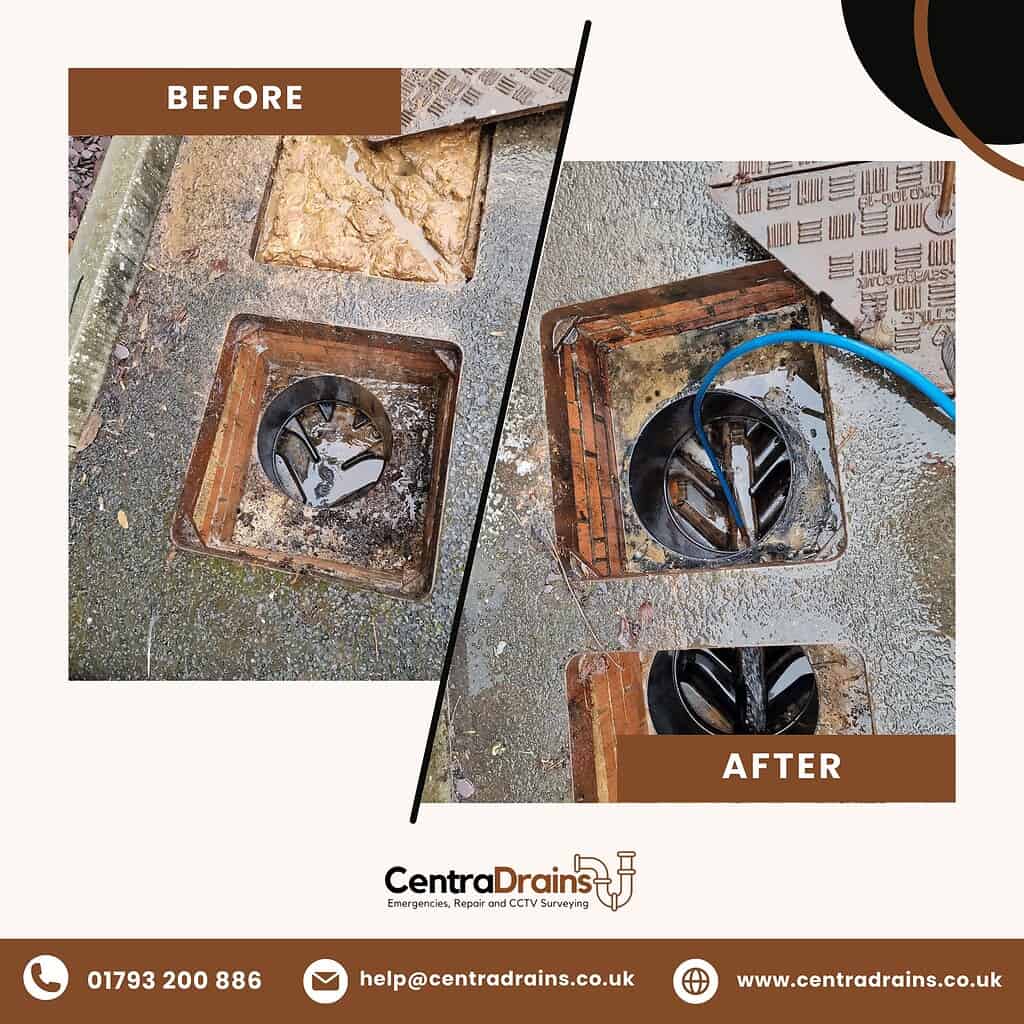 Blocked drain repair before and after image showing cleaning and clearing process.