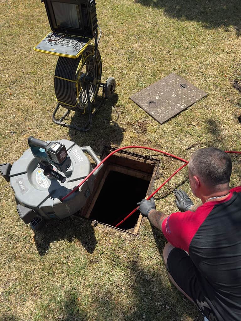 Technician inspecting drain with CCTV camera and equipment.