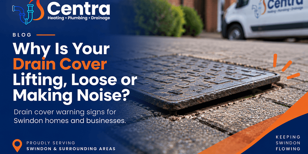Close-up of a lifted drain cover on a pavement with a Centra Drain van in the background.