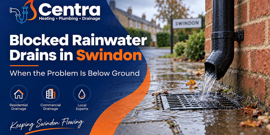 Blocked rainwater drain pipe overflowing onto pavement in Swindon.