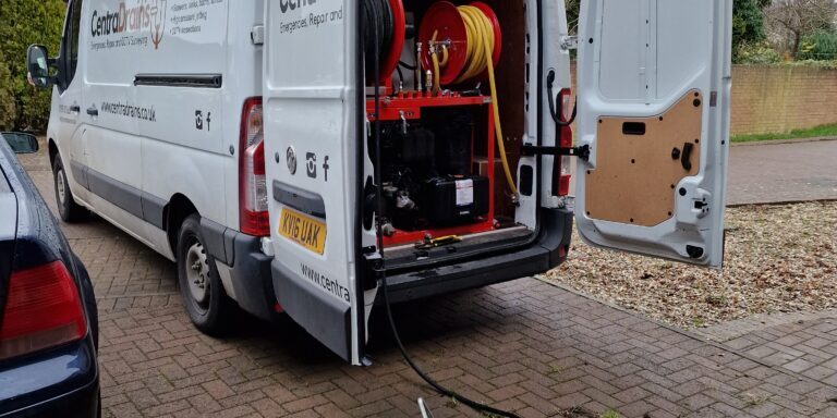 High-pressure drain jetting van for efficient sewer and drainage cleaning services in the UK.
