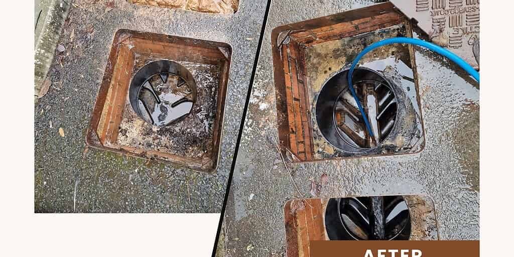 Blocked drain repair before and after image showing cleaning and clearing process.