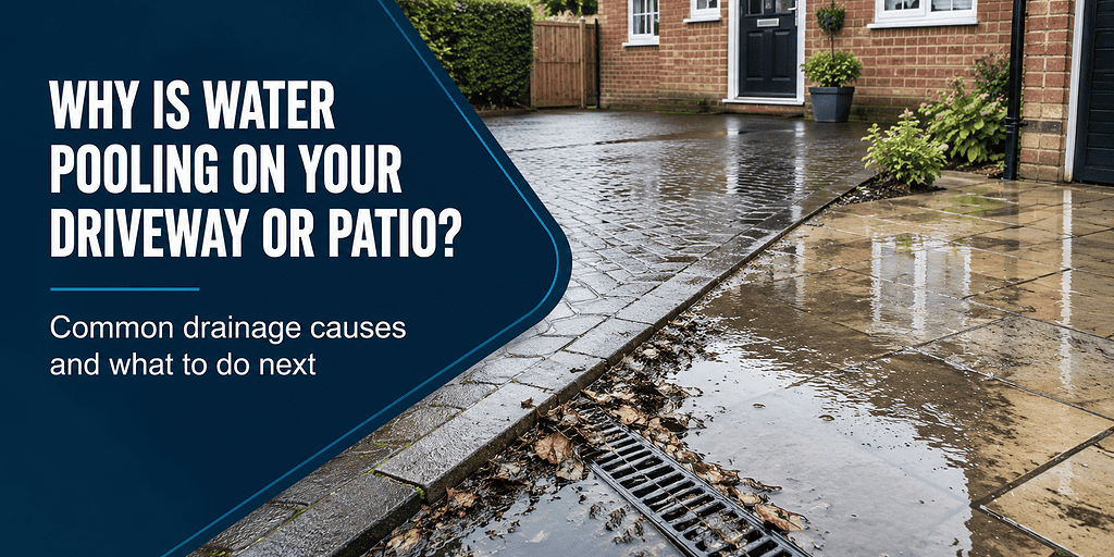 Water pooling on driveway after rain, drainage issues, driveway flooding.