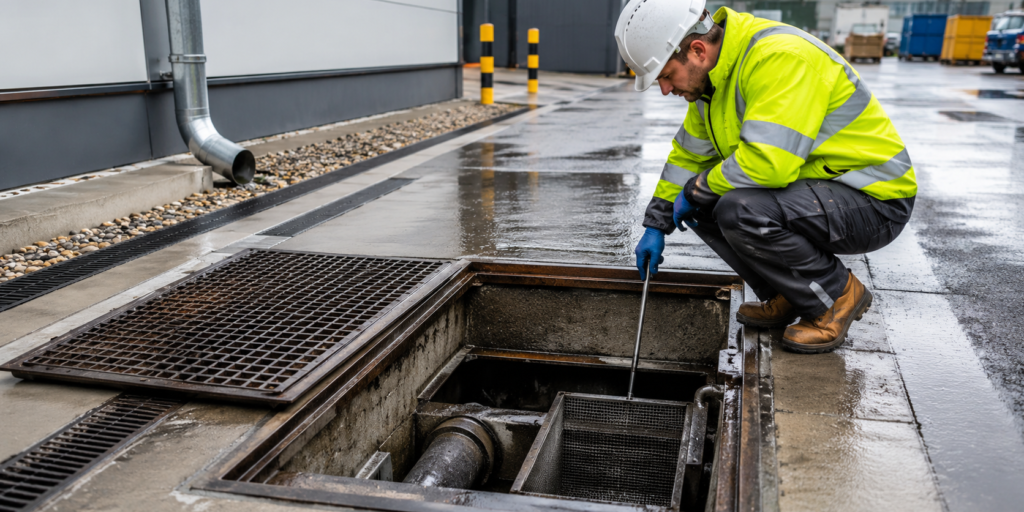 Worker inspecting drain system with safety gear on wet surface.