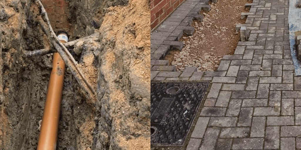 Clay drain installation in progress, expert drainage services by Centra Drains Ltd.
