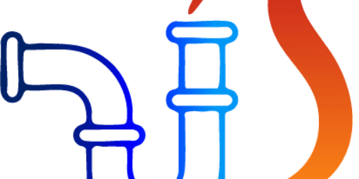 Blue drainage pipe with orange flame logo representing plumbing and heating services.