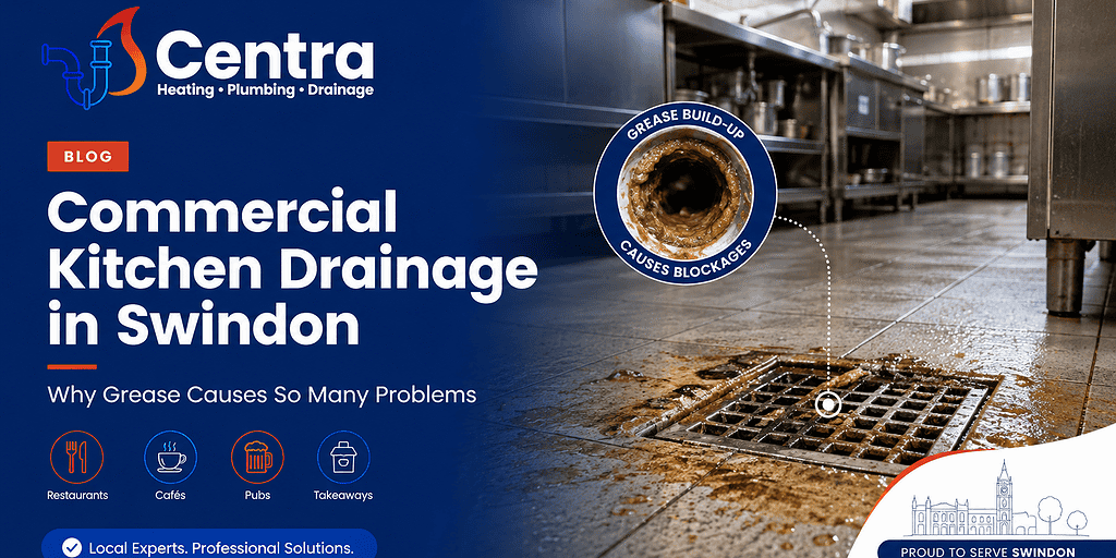 Commercial kitchen drainage with grease buildup causing blockages in Swindon.